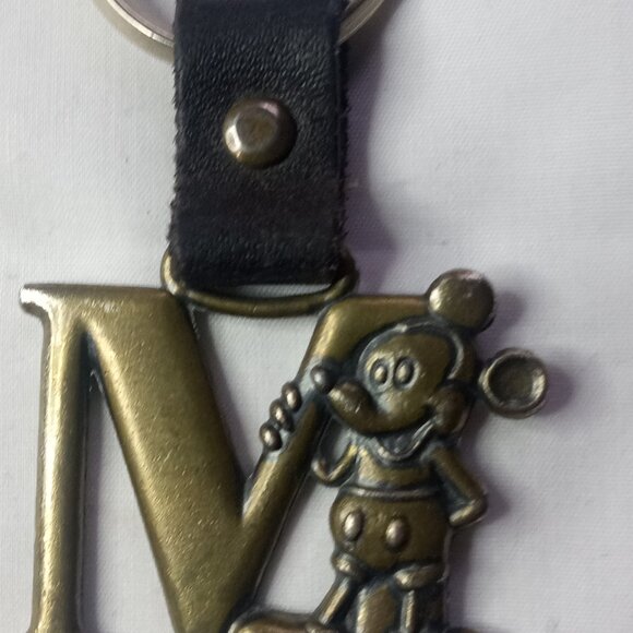 Collectible Mickey Mouse Letter 'M' Keychain Brass & Leather Disney Souvenir - Picture 1 of 5